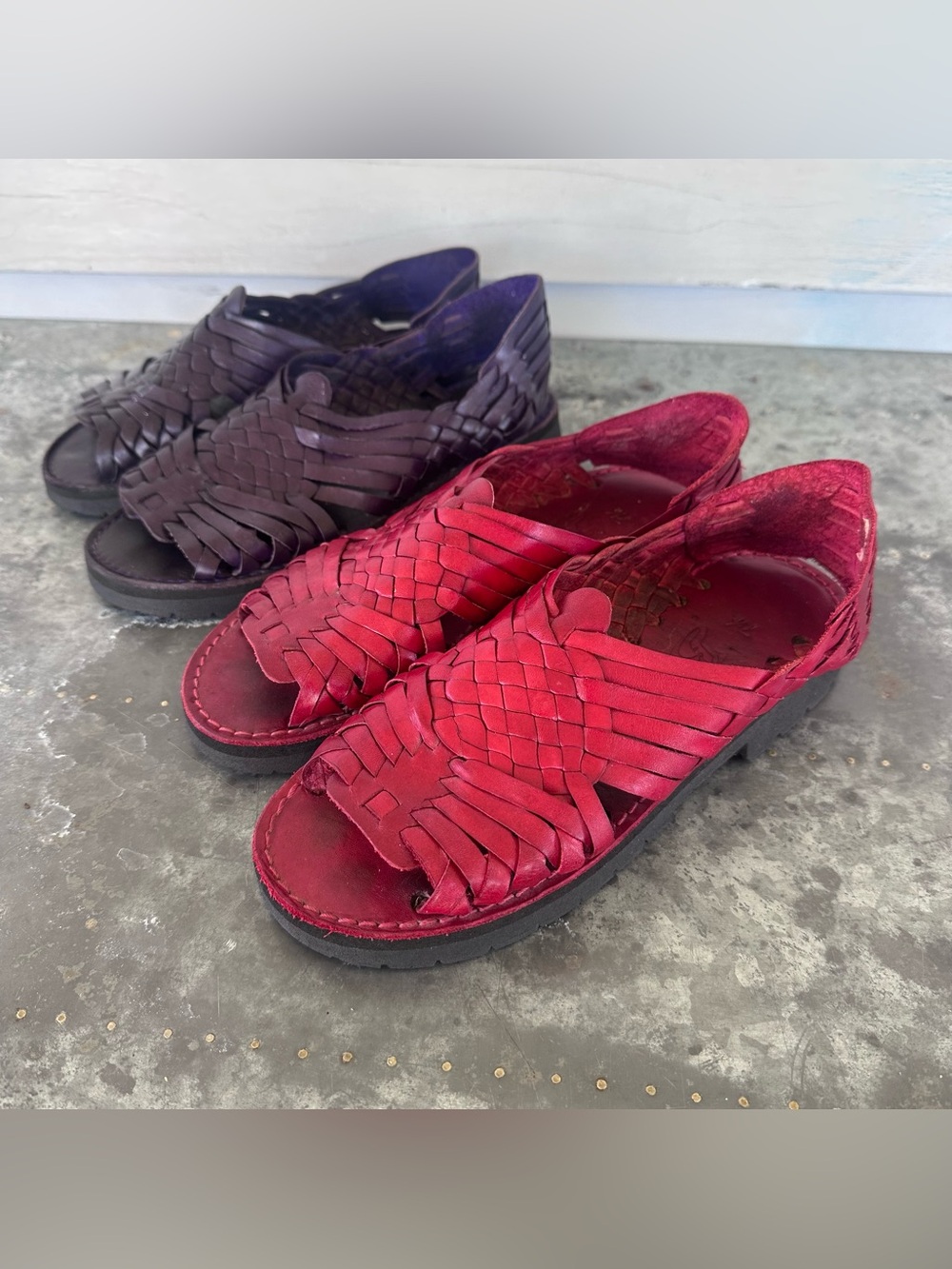 2 Brand X Sandals Leather Huaraches Red & Purple Size 7.5